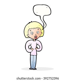 cartoon woman gesturing at self with speech bubble