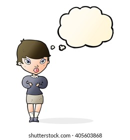 cartoon woman gesturing at self with thought bubble