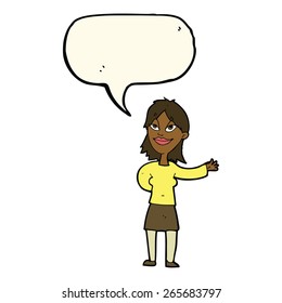 cartoon woman gesturing to show something with speech bubble