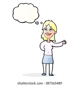 cartoon woman gesturing to show something with thought bubble