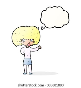 cartoon woman gesturing with thought bubble