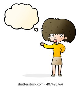 cartoon woman gesturing with thought bubble