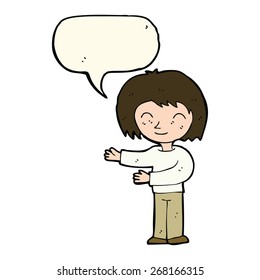 cartoon woman gesturing welcome with speech bubble