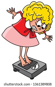 Cartoon woman gets shocked as she steps on the scale vector illustration