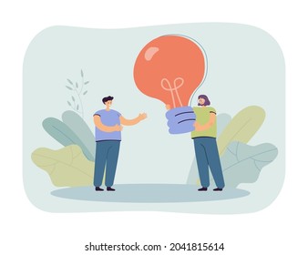 Cartoon woman giving giant lightbulb to man. Female character helping male with ideas flat vector illustration. Teamwork, inspiration, startup concept for banner, website design or landing web page