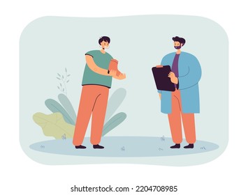 Cartoon woman giving man shoe with broken heel. Female character bringing boot to shoe repair flat vector illustration. Repair, fashion concept for banner, website design or landing web page