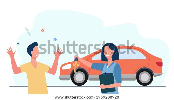 Cartoon woman giving new car keys to happy young\
man. Flat vector illustration. Car dealer and customer with\
colorful graphic car in background. Auto, sale, purchase,\
transport, lottery, prize\
concept