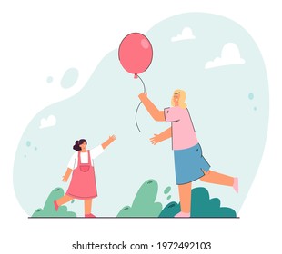 Cartoon woman giving pink balloon to little girl. Flat vector illustration. Happy mother handing balloon to her daughter for good behavior or as gift. Present, happiness, family, childhood concept