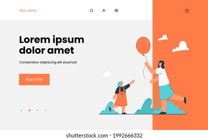 Cartoon woman giving pink balloon to little girl. Flat vector illustration. Happy mother handing balloon to her daughter for good behavior or as gift. Present, happiness, family, childhood concept
