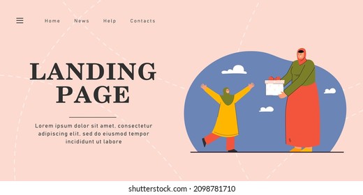 Cartoon woman giving present to little girl. Flat vector illustration. Mother and daughter with covered head and gift box. Present, happiness, family, birthday concept for banner design