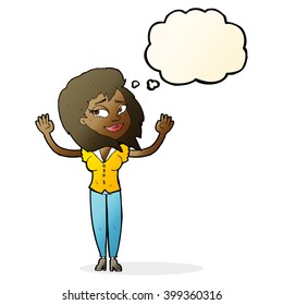 cartoon woman giving up with thought bubble