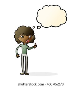 cartoon woman giving thumbs up symbol with thought bubble