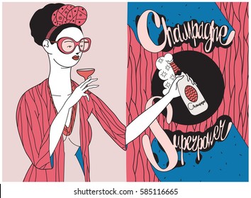 Cartoon woman in glasses with a bottle of champagne and a hand-drawn sign "Champagne Superpower". Vector illustration