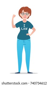 Cartoon woman with glasses in t-shirt with i can lettering. Vector character