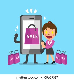 Cartoon a woman go shopping with smartphone