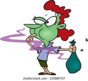 Cartoon woman going green from a stinky smell