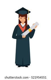 cartoon woman graduate holding a diploma over white background. colorful design. vector illustration