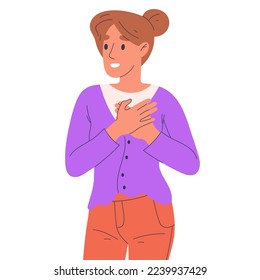 Caricatura femenina con gratitud tierna emoción. Mujeres adultas muestran agradecimiento o aprecio emociones, persona sonriente lenguaje corporal positivo ilustración vectorial plana sobre fondo blanco