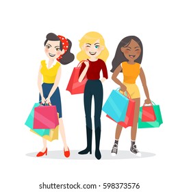 Cartoon Woman Group With Shopping Bag 