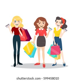 Cartoon Woman Group Shopping Bag Credit Stock Vector (Royalty Free ...