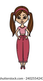 Cartoon woman hand drawn flat illustration. Cute girl in casual clothes.