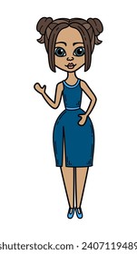 Cartoon woman hand drawn flat illustration. Cute girl in evening dress.