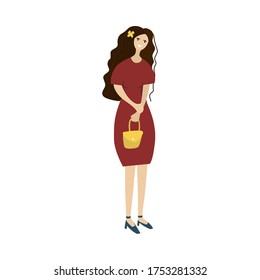 Cartoon woman with a handbag. Character of a woman in a flat style in a red dress and a yellow butterfly on his head. The girl goes on a date. Happy girlfriend with a handbag. To design a dating site.