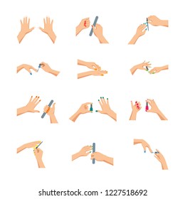 Cartoon Woman Hands Doing Manicure Sign Icon Set Female Beauty Salon Concept Element Flat Design Style. Vector illustration of Icons