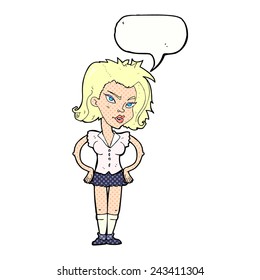 cartoon woman with hands on hips with speech bubble