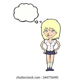 cartoon woman with hands on hips with thought bubble