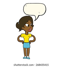 cartoon woman with hands on hips with speech bubble