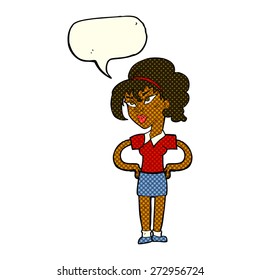 cartoon woman with hands on hips with speech bubble