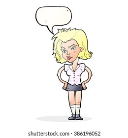 cartoon woman with hands on hips with speech bubble