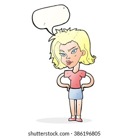 cartoon woman with hands on hips with speech bubble