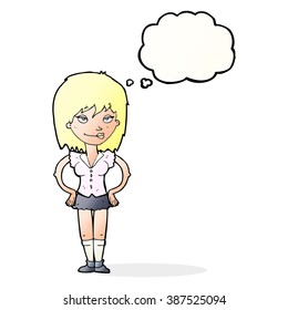 cartoon woman with hands on hips with thought bubble