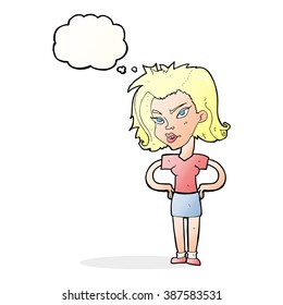 cartoon woman with hands on hips with thought bubble