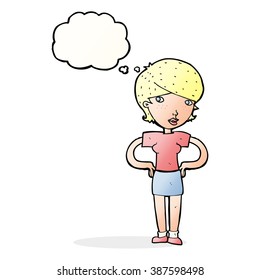 cartoon woman with hands on hips with thought bubble
