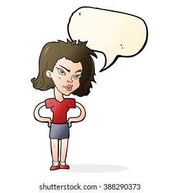 cartoon woman with hands on hips with speech bubble