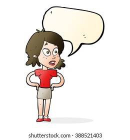 cartoon woman with hands on hips with speech bubble