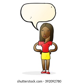 cartoon woman with hands on hips with speech bubble
