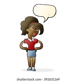 cartoon woman with hands on hips with speech bubble
