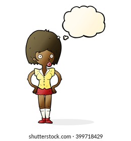 cartoon woman with hands on hips with thought bubble