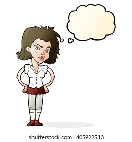 cartoon woman with hands on hips with thought bubble