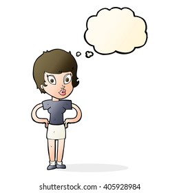 cartoon woman with hands on hips with thought bubble