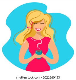 Cartoon woman happily drinks coffee. Blonde girl with a cup of tea, coffee or cocoa. The girl is holding a cup. Stay calm and drink healthy drinks. Cozy home concept. Vector template, flat design.