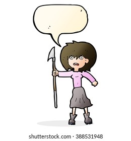 cartoon woman with harpoon with speech bubble