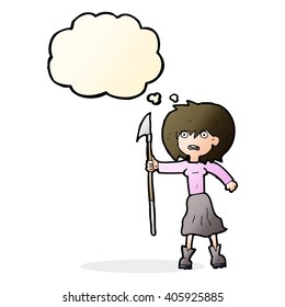 cartoon woman with harpoon with thought bubble