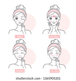 cartoon woman has facial skin problem and feel unhappy