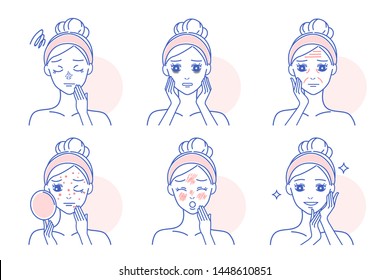 cartoon woman has facial skin problem and feel unhappy