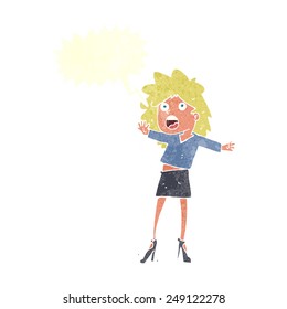 cartoon woman having trouble walking in heels with speech bubble